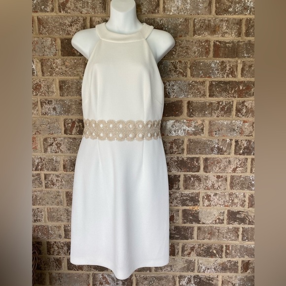 Gorgeous Vince Camuto Halter Cream and Gold Sheath Dress Size 6 - Picture 1 of 10